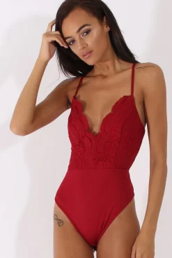 Rebellious Fashion Wine Crochet Cross Back Bodysuit - Crecia