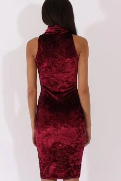Rebellious Fashion Wine Crushed Velvet Front Split Turtleneck Dress - Erin