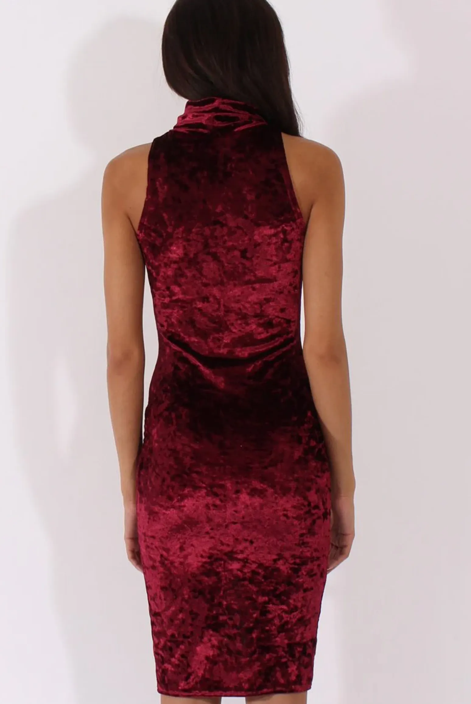 Rebellious Fashion Wine Crushed Velvet Front Split Turtleneck Dress - Erin