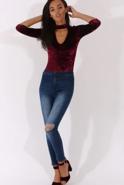 Rebellious Fashion Wine Crushed Velvet High Neck Cut Out Bodysuit - Asumi