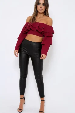 Rebellious Fashion Wine extreme Layered Frill Bardot Crop Top - Nevaeh