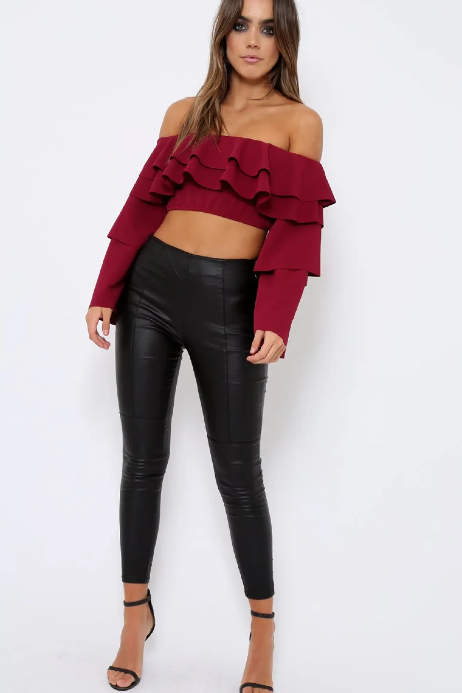 Rebellious Fashion Wine extreme Layered Frill Bardot Crop Top - Nevaeh