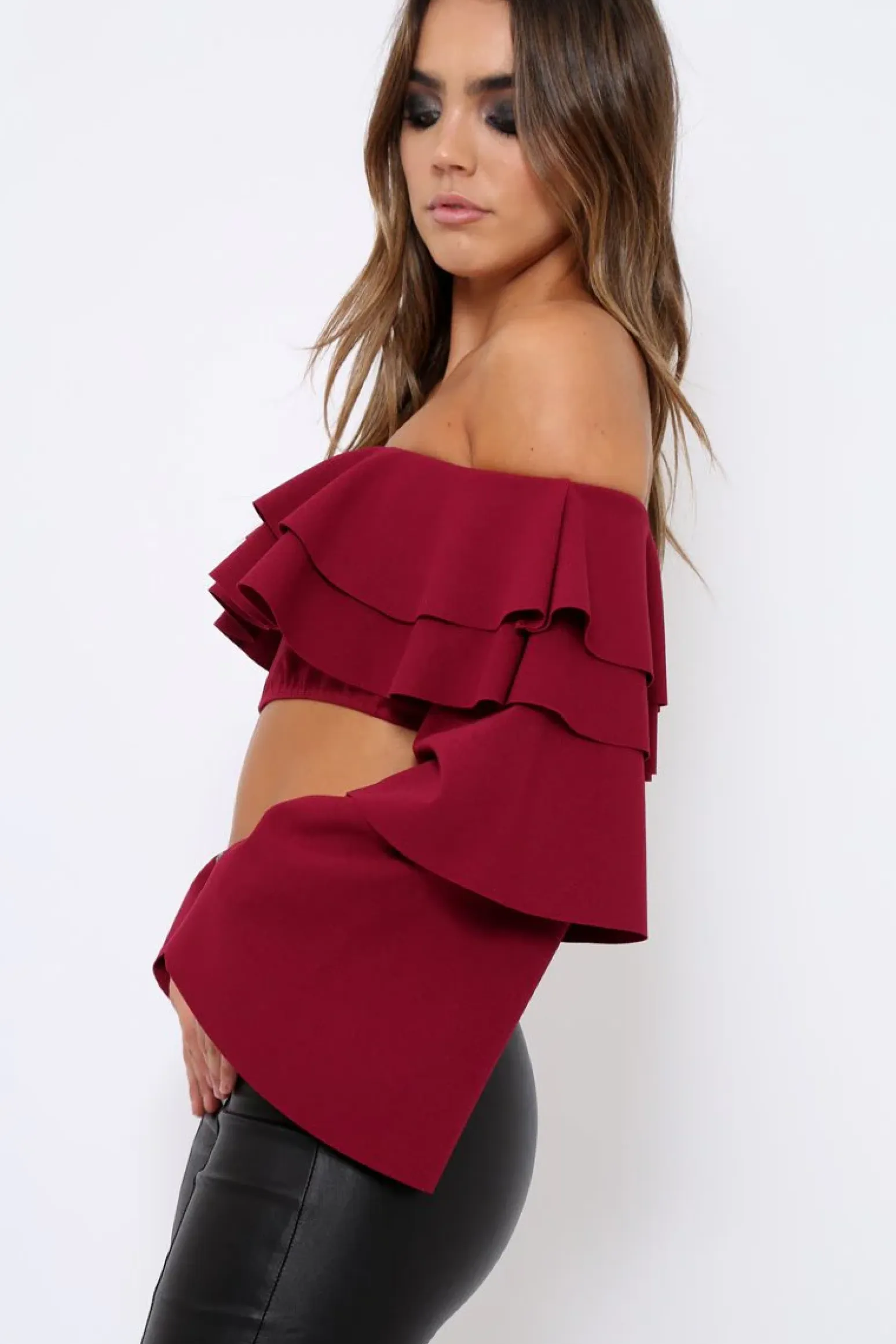 Rebellious Fashion Wine extreme Layered Frill Bardot Crop Top - Nevaeh