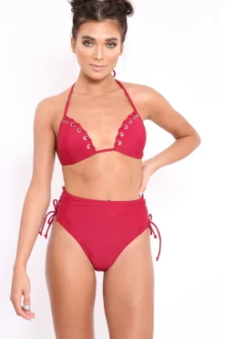 Rebellious Fashion Wine Eyelet High Leg Bikini - Patti