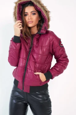 Rebellious Fashion Wine Faux Fur Hooded Puffer Coat - Kamorah