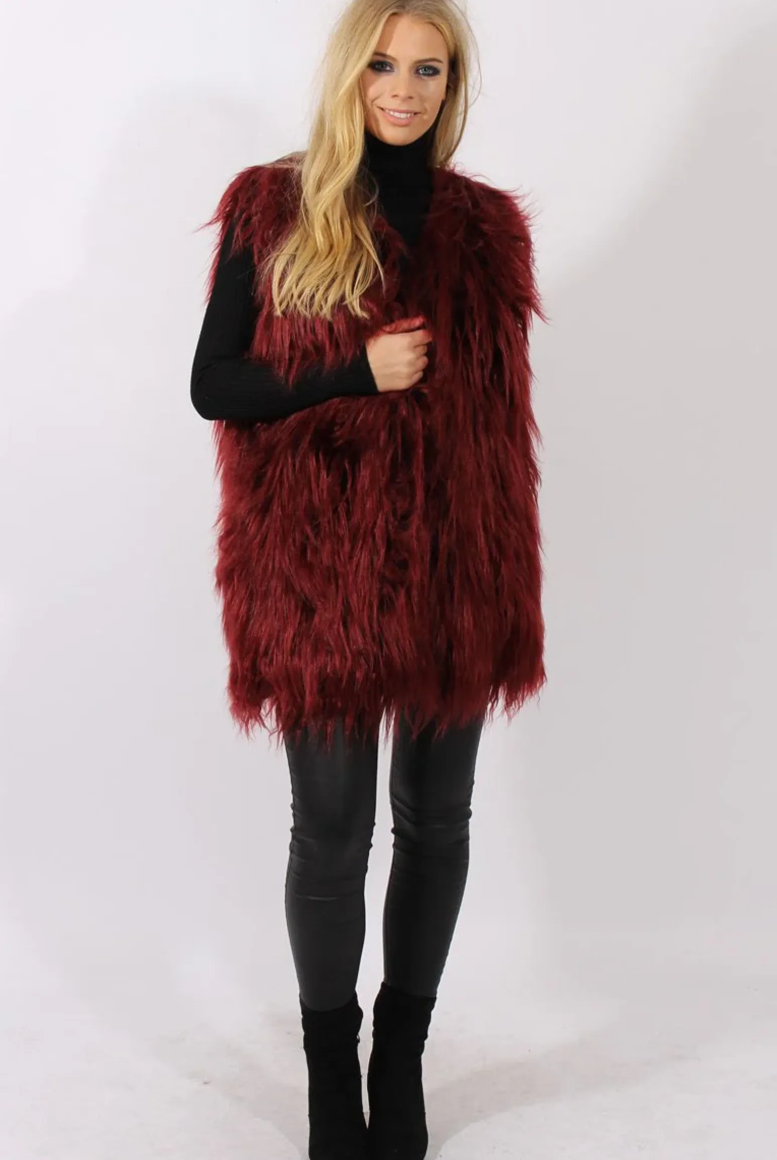 Rebellious Fashion Wine Faux Fur Shaggy Gilet - Liberty