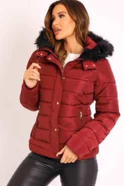 Rebellious Fashion Wine Faux Fur Trim Hood Padded Coat - Jessabelle