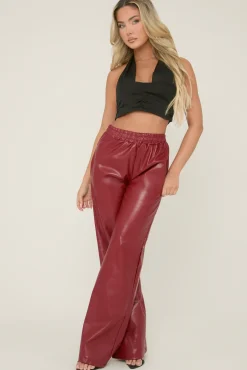 Rebellious Fashion Wine Faux Leather Elastic Waist Wide Leg Trousers - Frankie