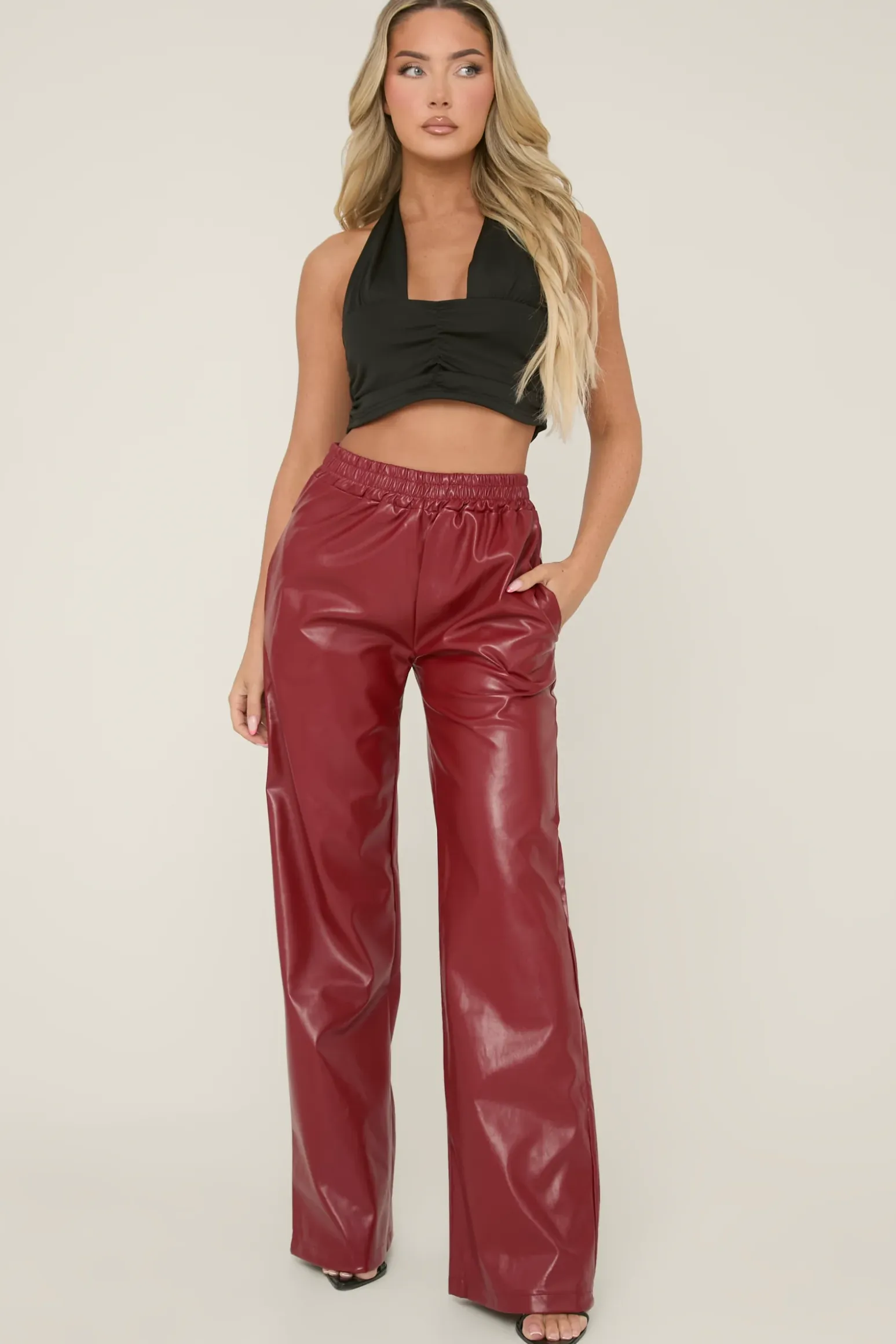 Rebellious Fashion Wine Faux Leather Elastic Waist Wide Leg Trousers - Frankie