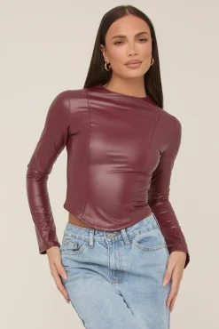 Rebellious Fashion Wine Faux Leather Long Sleeve Top - Storm
