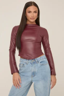 Rebellious Fashion Wine Faux Leather Long Sleeve Top - Storm