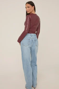 Rebellious Fashion Wine Faux Leather Long Sleeve Top - Storm