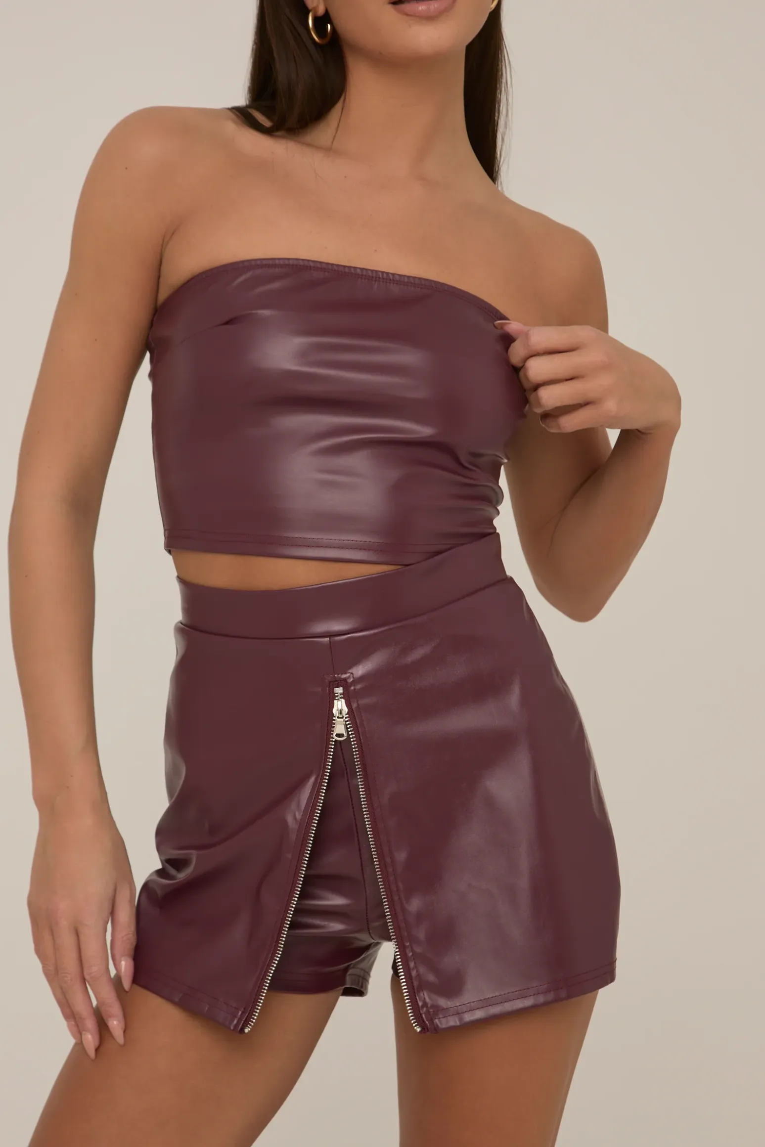 Rebellious Fashion Wine Faux Leather Zip Front Top And Skort Co-ord Set - Saffron