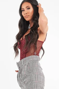 Rebellious Fashion Wine Fishnet Floral Lace Strappy Mesh Bodysuit - Hallee