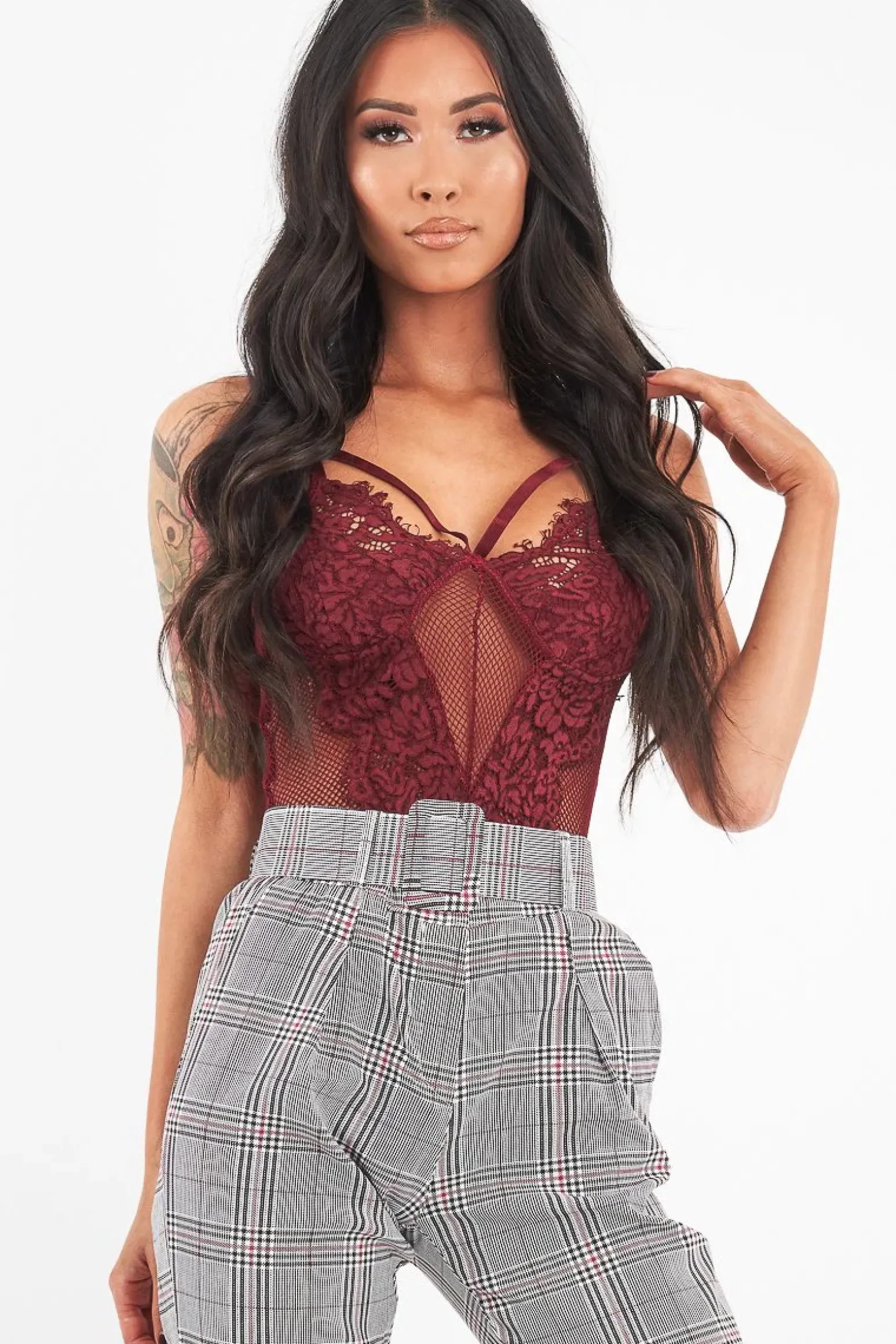 Rebellious Fashion Wine Fishnet Floral Lace Strappy Mesh Bodysuit - Hallee