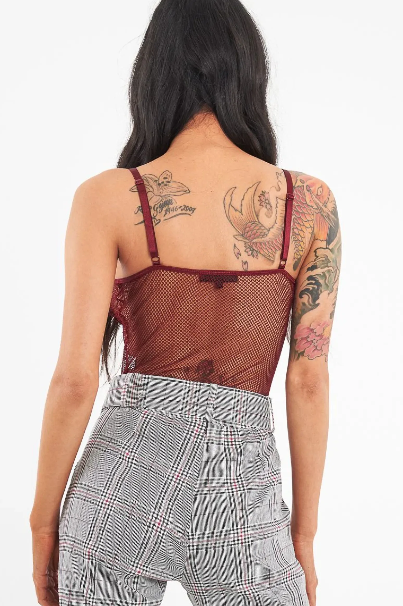 Rebellious Fashion Wine Fishnet Floral Lace Strappy Mesh Bodysuit - Hallee