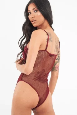 Rebellious Fashion Wine Fishnet Floral Lace Strappy Mesh Bodysuit - Hallee