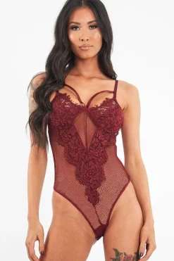 Rebellious Fashion Wine Fishnet Floral Lace Strappy Mesh Bodysuit - Hallee