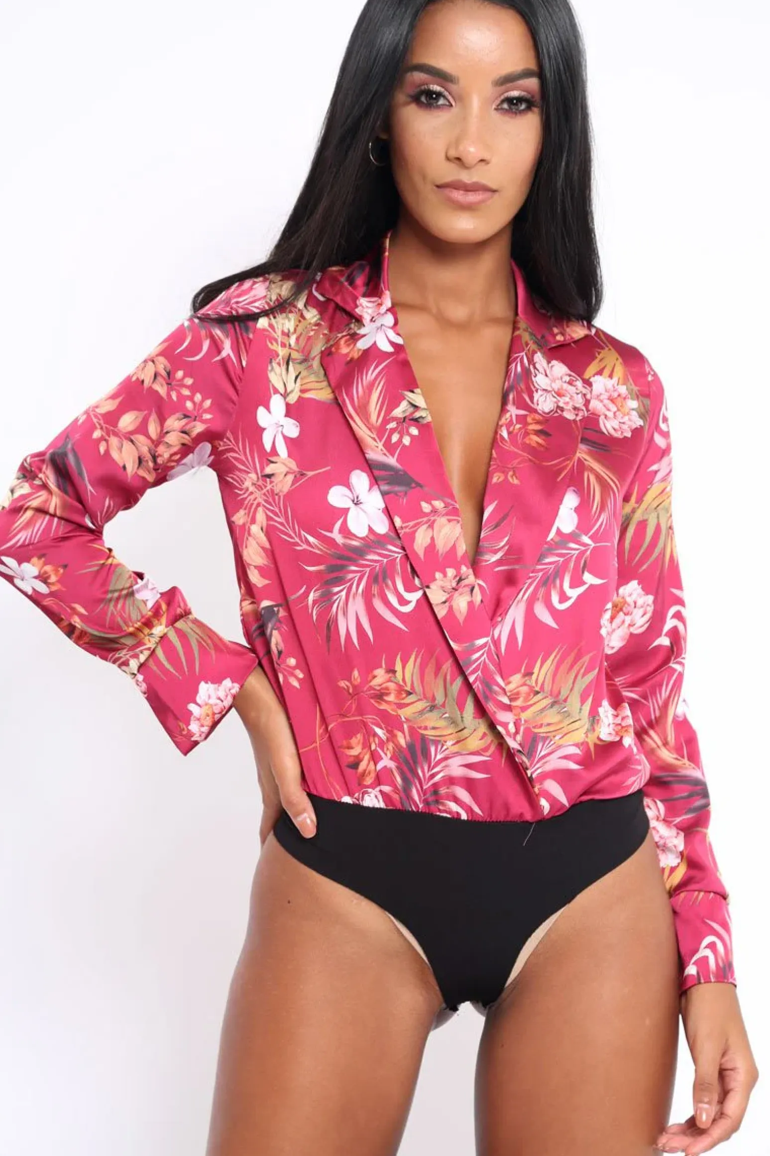 Rebellious Fashion Wine Floral Plunge Satin Bodysuit - Rebeka