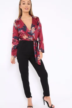 Rebellious Fashion Wine Floral Plunge Satin Wrap Front Jumpsuit - Talulah