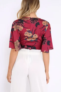 Rebellious Fashion Wine Floral Print Satin Tie Crop Top - Kynslee