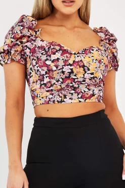 Rebellious Fashion Wine Floral Puff Sleeve Crop Top - Ellorie
