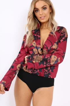 Rebellious Fashion Wine Flower Print Plunge Satin Bodysuit - Madelynn