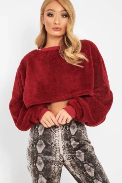 Rebellious Fashion Wine Fluffy Long Sleeve Crop Jumper - Noura