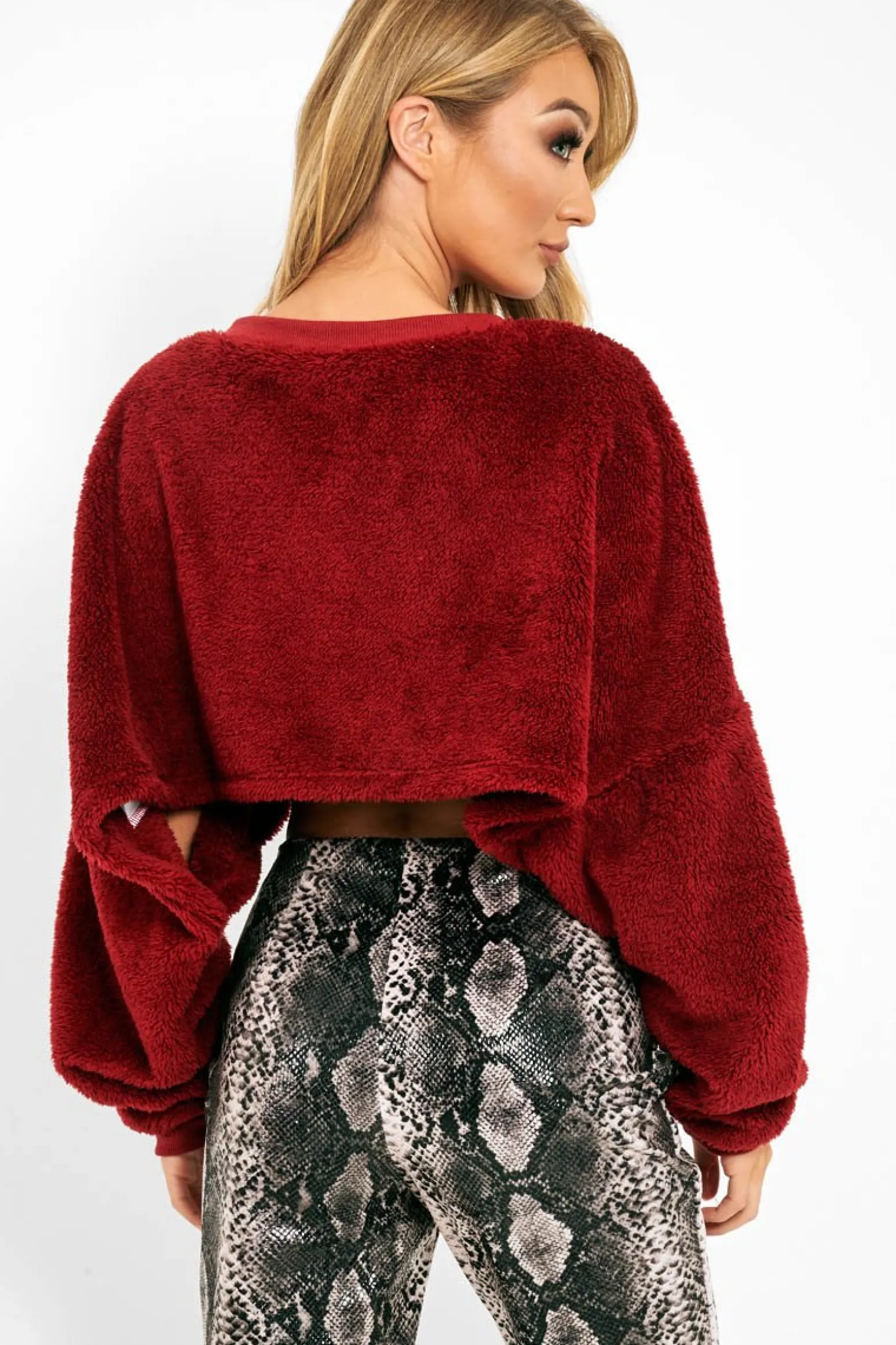 Rebellious Fashion Wine Fluffy Long Sleeve Crop Jumper - Noura