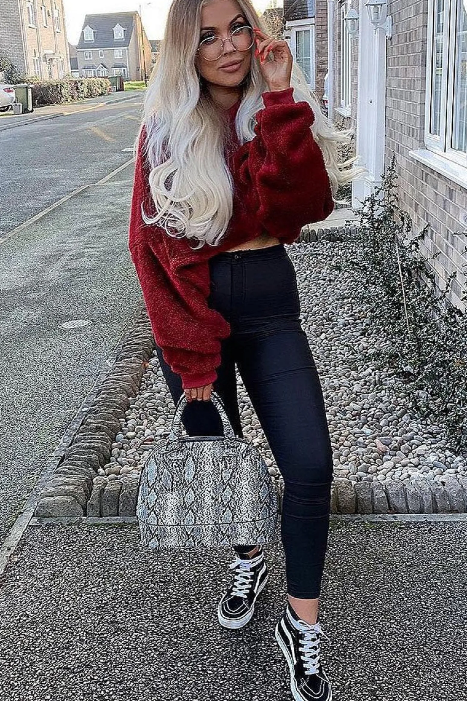 Rebellious Fashion Wine Fluffy Long Sleeve Crop Jumper - Noura