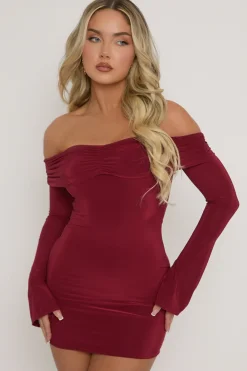 Rebellious Fashion Wine Fold Over Bardot Mini Dress - Shawna