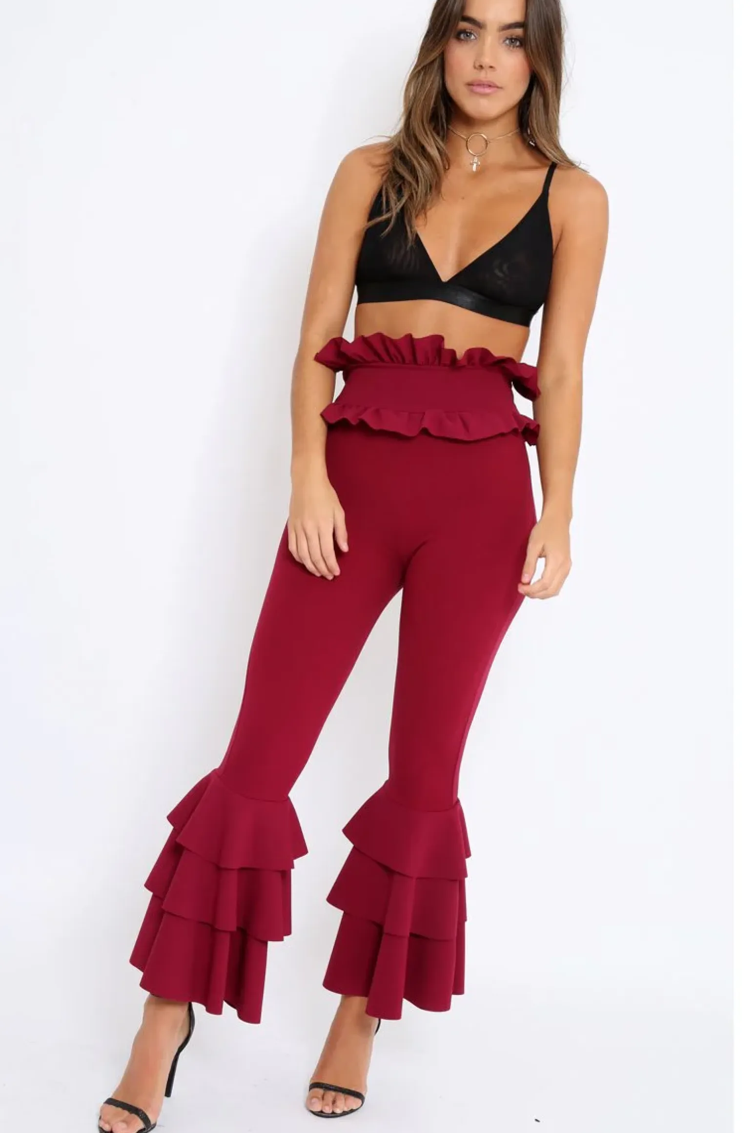 Rebellious Fashion Wine Frill Hem Triple Tiered Frill Hem Trousers - Karla