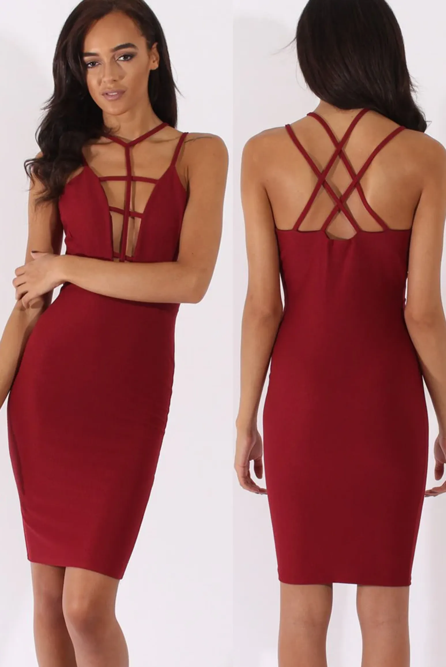 Rebellious Fashion Wine Front Harness Bodycon Dress - Nella