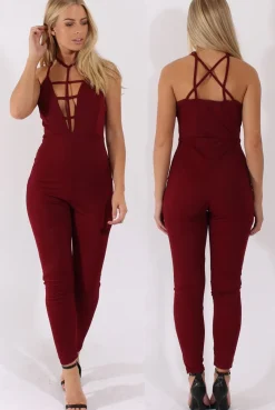 Rebellious Fashion Wine Front Harness Fitted Jumpsuit - Bette