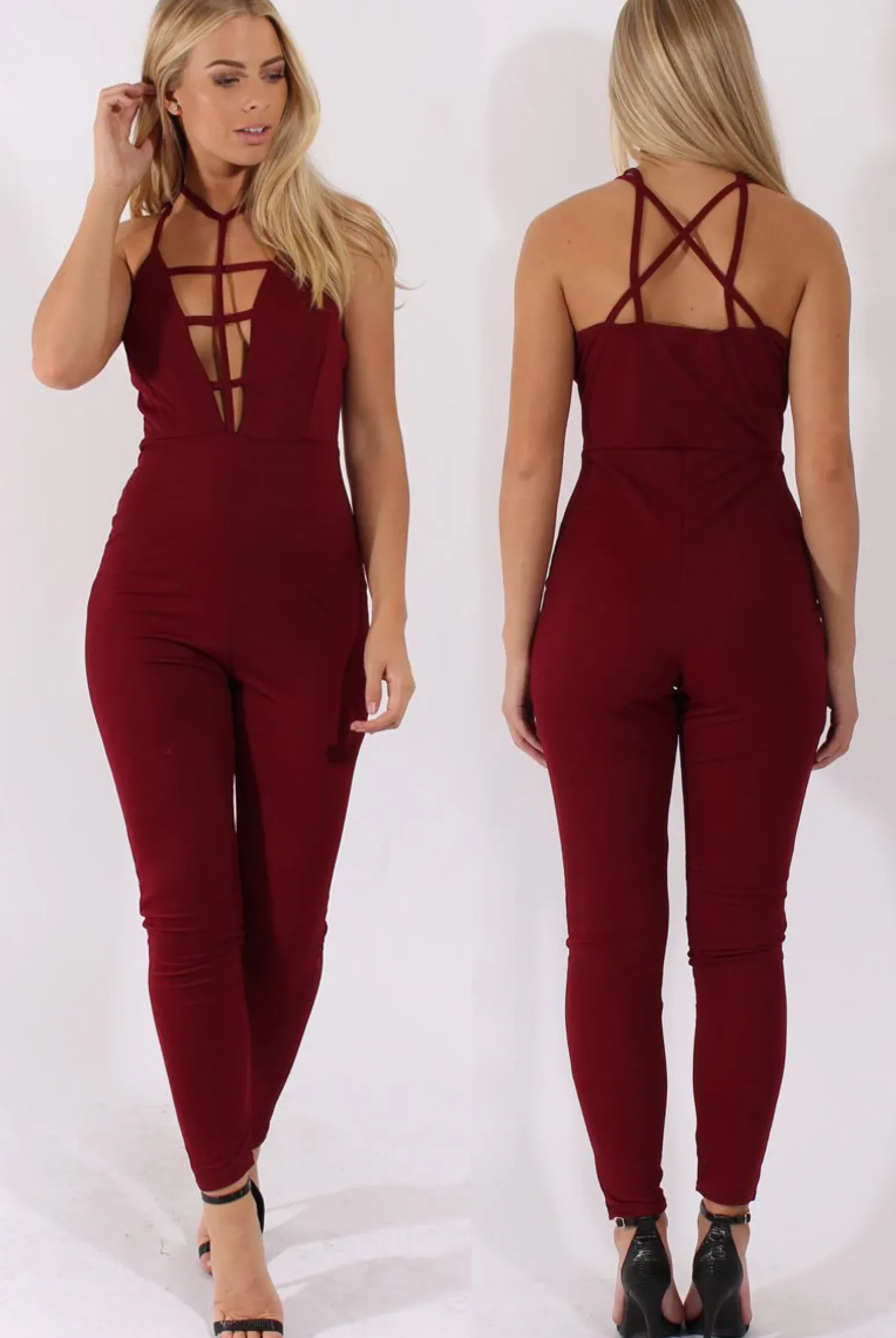 Rebellious Fashion Wine Front Harness Fitted Jumpsuit - Bette