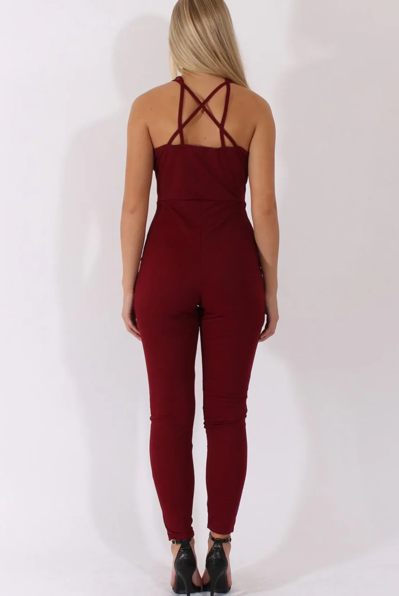 Rebellious Fashion Wine Front Harness Fitted Jumpsuit - Bette