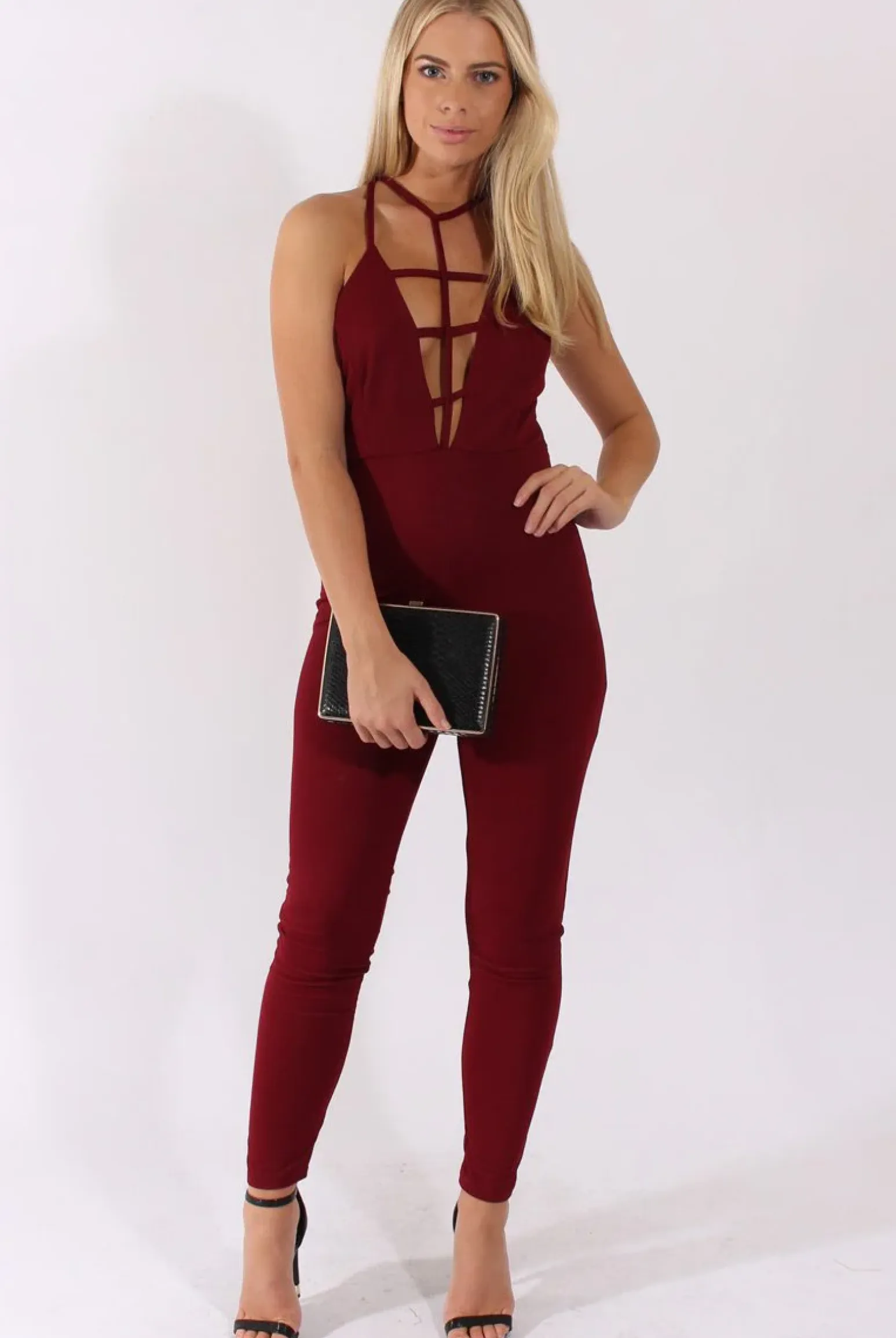 Rebellious Fashion Wine Front Harness Fitted Jumpsuit - Bette
