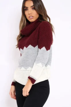 Rebellious Fashion Wine Grey and Cream ZigZag Patterned Roll Neck Jumper - Nataley