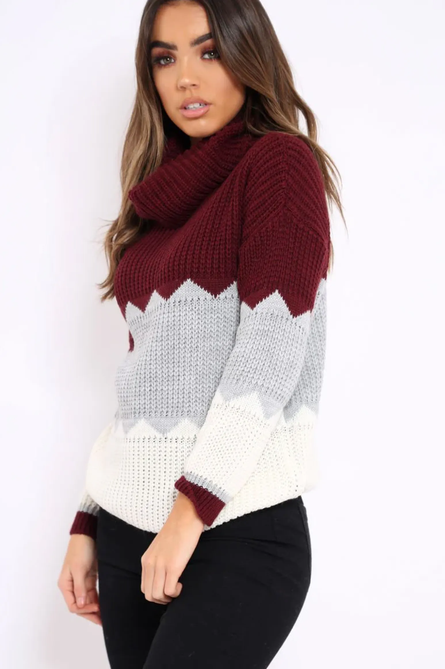 Rebellious Fashion Wine Grey and Cream ZigZag Patterned Roll Neck Jumper - Nataley