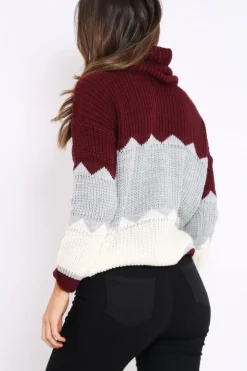 Rebellious Fashion Wine Grey and Cream ZigZag Patterned Roll Neck Jumper - Nataley