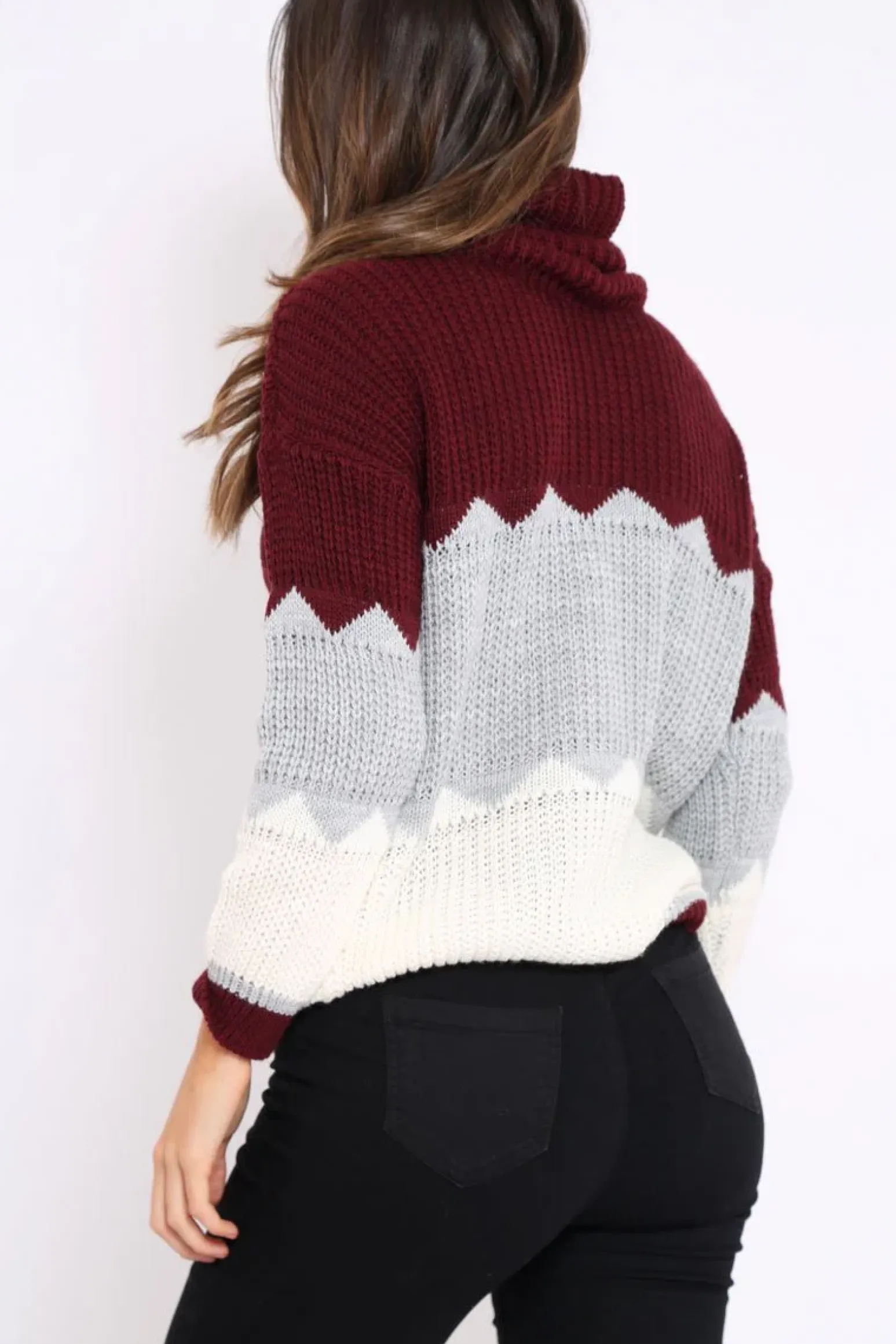Rebellious Fashion Wine Grey and Cream ZigZag Patterned Roll Neck Jumper - Nataley