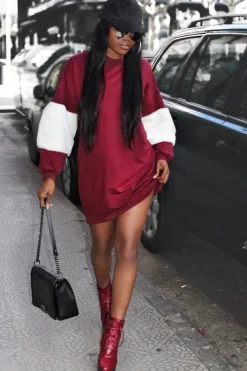 Rebellious Fashion Wine Jumper Dress with Fur Sleeves - Paris