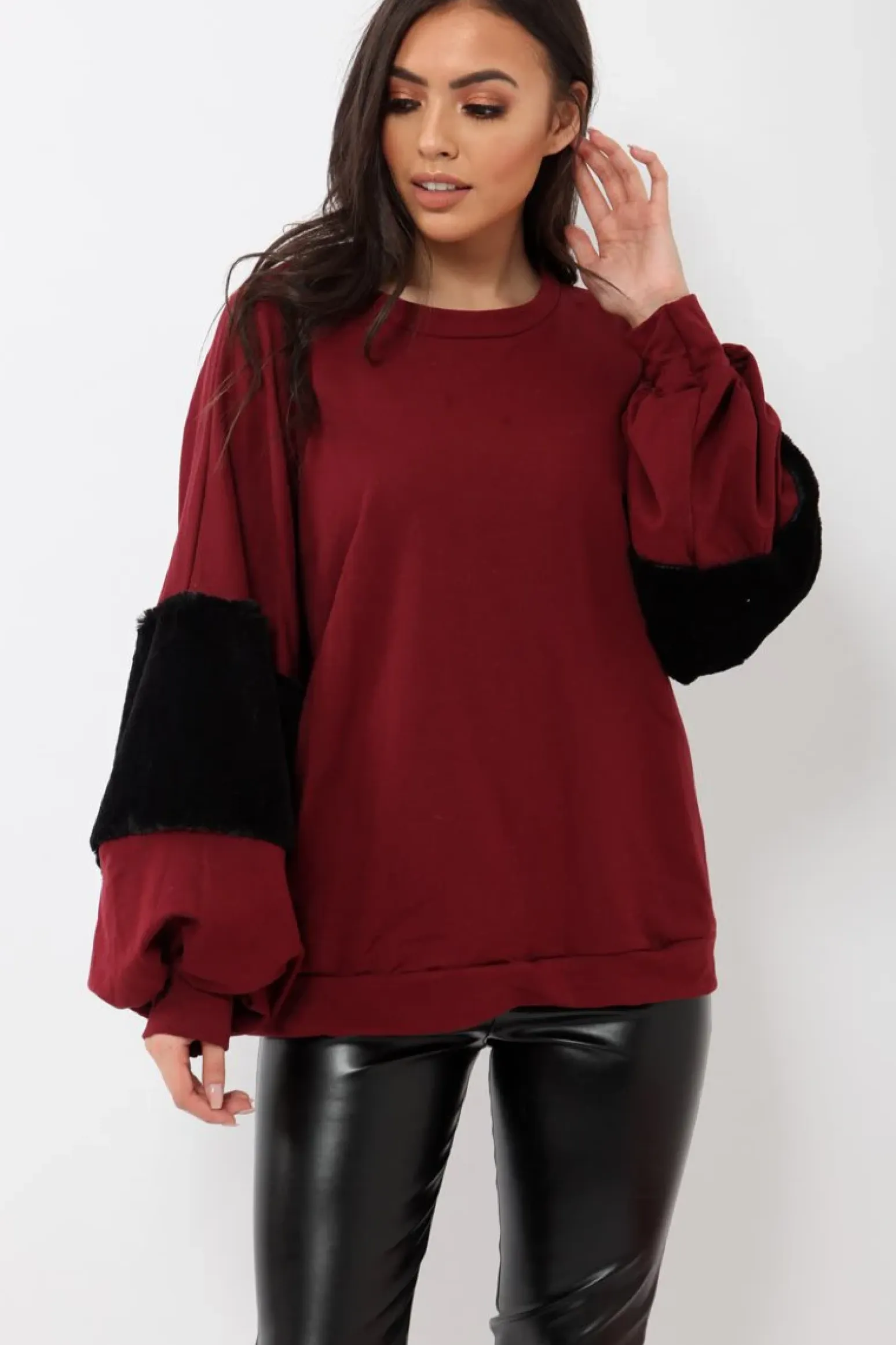 Rebellious Fashion Wine Jumper with Fur Sleeves - Stephanie