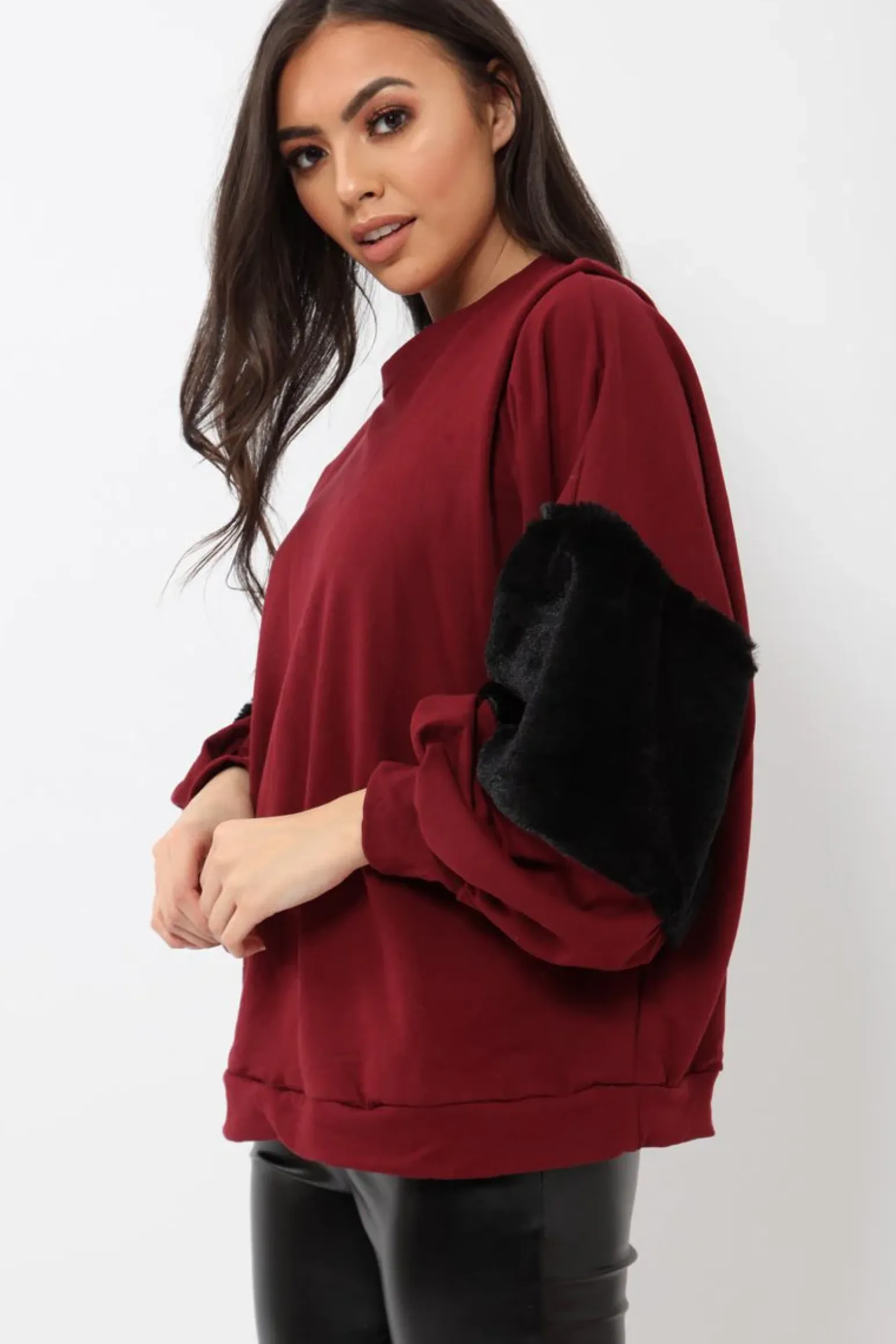 Rebellious Fashion Wine Jumper with Fur Sleeves - Stephanie