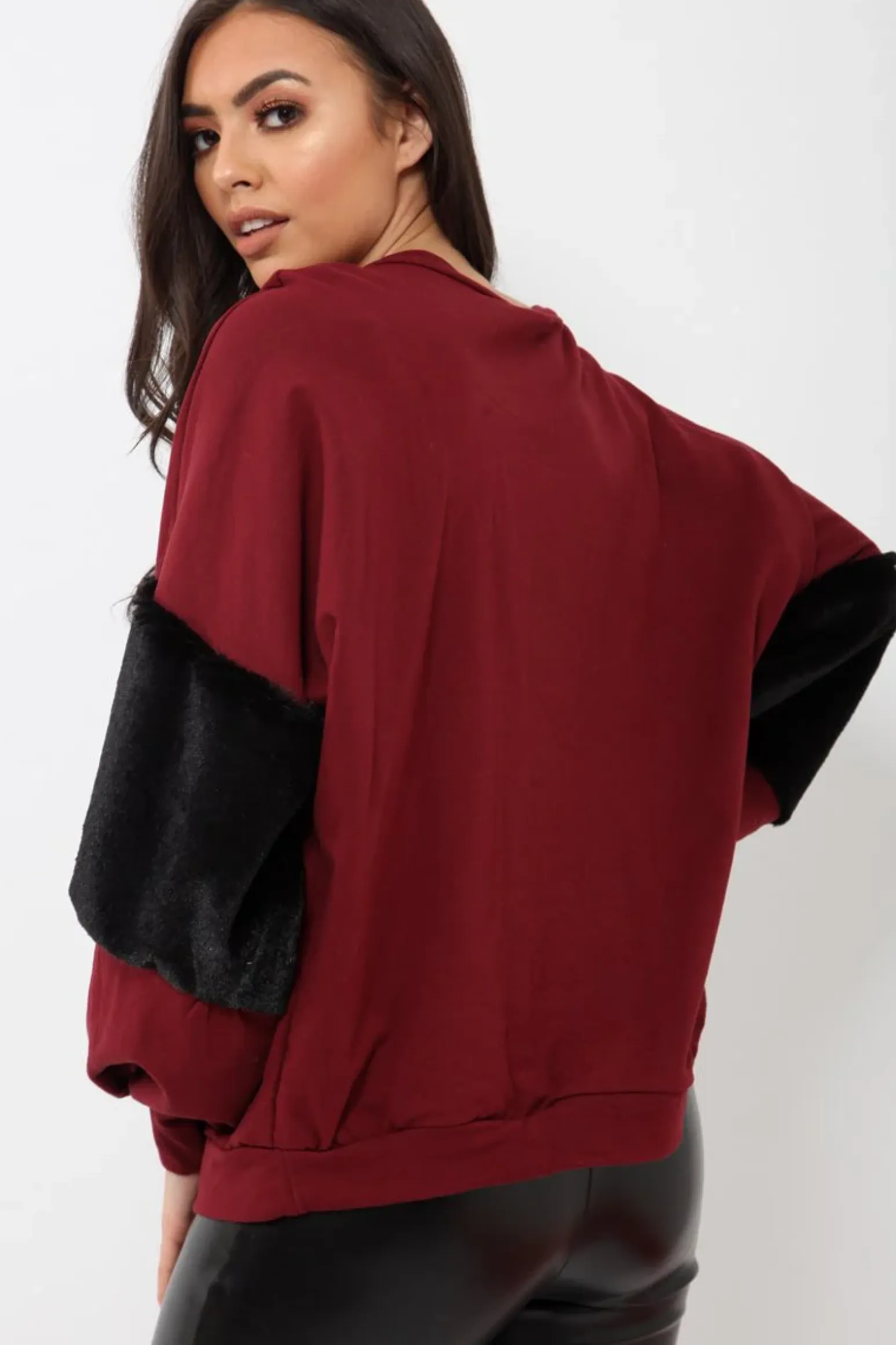 Rebellious Fashion Wine Jumper with Fur Sleeves - Stephanie