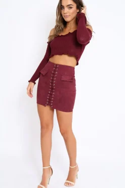 Rebellious Fashion Wine Knitted Bardot Frill Crop Top - Kesia