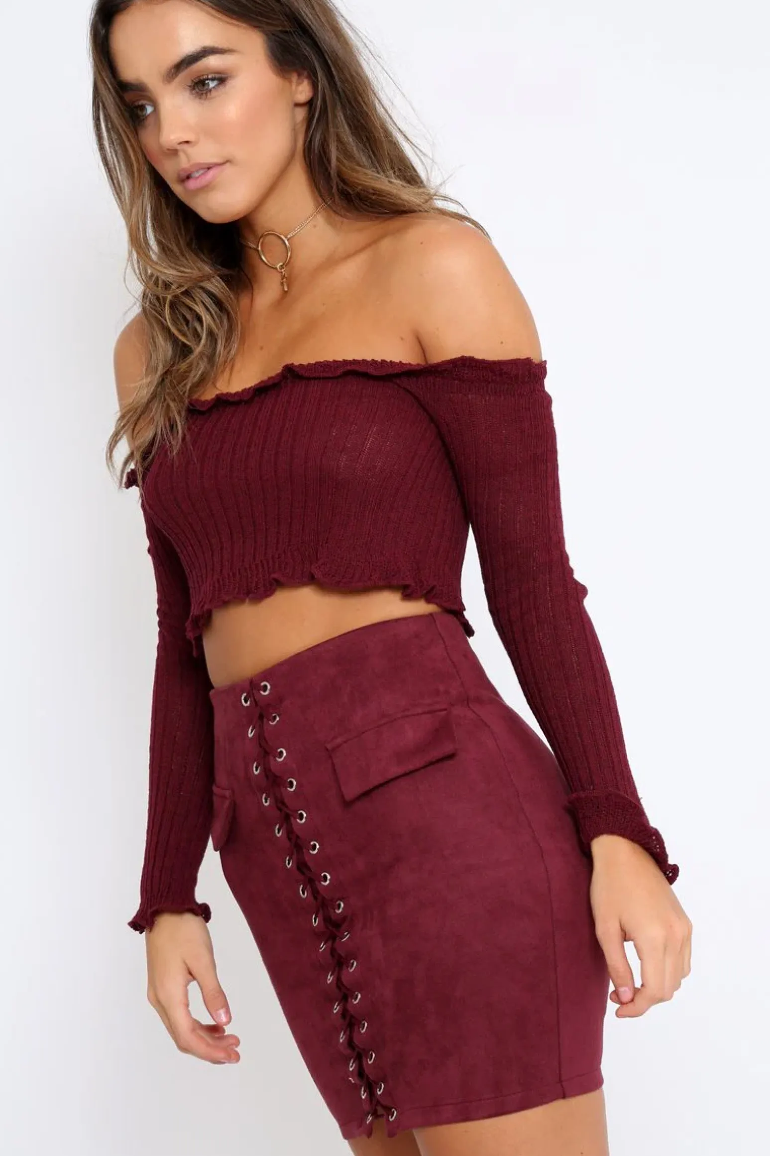 Rebellious Fashion Wine Knitted Bardot Frill Crop Top - Kesia