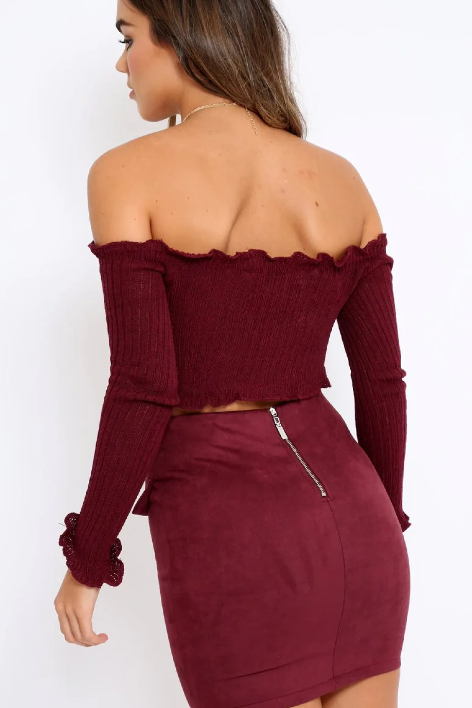 Rebellious Fashion Wine Knitted Bardot Frill Crop Top - Kesia