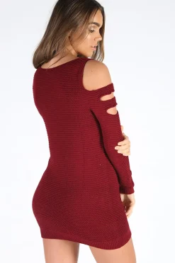 Rebellious Fashion Wine Knitted Cold Shoulder Cut Out Jumper Dress - Sienna
