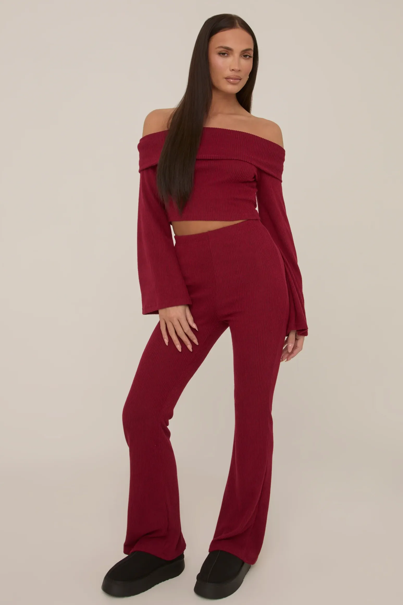 Rebellious Fashion Wine Knitted Fold Down Co Ord Set - Paisley